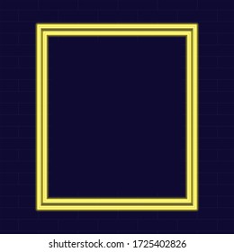 Neon yellow frame on dark background vector illustration. Logo design template. Light banner, glowing neon signboard for advertising