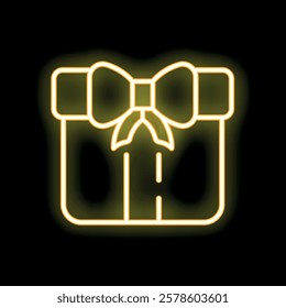 Neon yellow gift box with ribbon glowing on black background