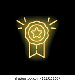 Neon yellow glowing award ribbon is shining on a black background, concept of victory and success