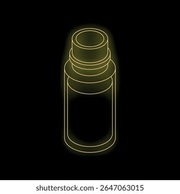 Neon yellow glowing cosmetic bottle with blank label on black background
