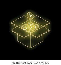 Neon amarelo brilhante criptomoeda moedas caindo em uma caixa de papelão aberto em um fundo preto, conceito de investimento criptomoeda
