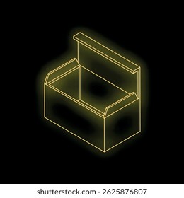 Neon yellow glowing empty open box on black background, isometric view