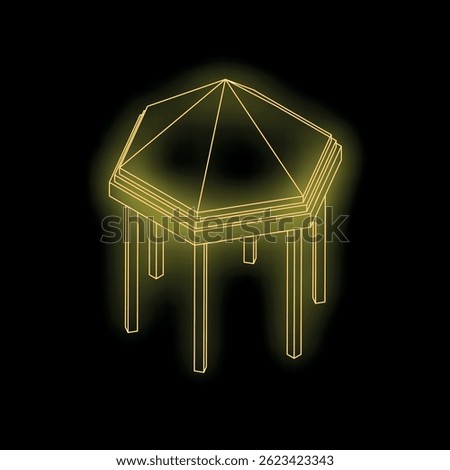 Neon yellow glowing hexagonal gazebo with a pyramid roof is standing on a black background