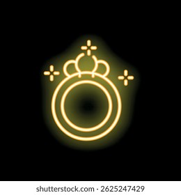 Ícone amarelo neon brilhante de um anel de engajamento com uma coroa em cima sobre um fundo preto