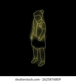 Neon yellow glowing outline of flight attendant standing on black background