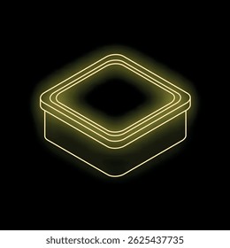 Neon yellow glowing outline of generic food container radiating on dark background
