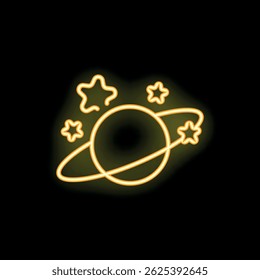Neon yellow glowing planet with orbiting ring and surrounded by stars on black background