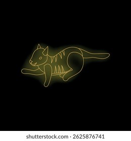 Neon yellow glowing running tiger cub over black background, simple clean line art illustration