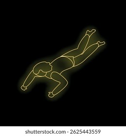 Silhueta brilhante amarelo neon de um homem flutuando em gravidade zero contra um fundo preto