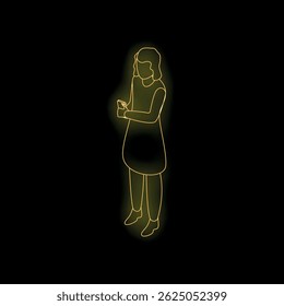 Neon yellow glowing silhouette of woman using smartphone on black background