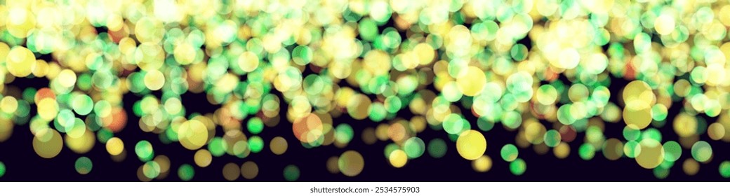 Brillo de lentejuelas de neón amarillo y verde caída como bokeh bg en la oscuridad. Patrón festivo brillante con efecto de superposición. Ilustración vectorial