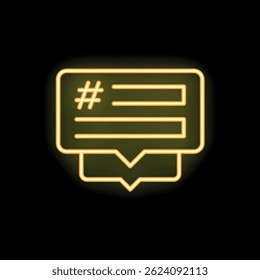 Neon yellow hashtag chat bubble icon glowing on a black background