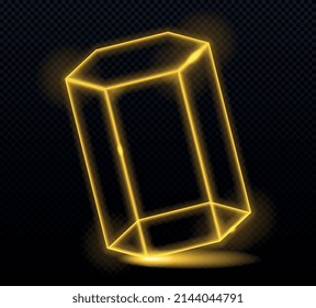 Neon yellow hexagonal prism. Volumetric figures for website design. Light for nightclub. Futuristic and modern pictures. Realistic vector illustration isolated on black transparent background
