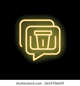 Neon yellow icon of a coffee cup inside a speech bubble representing a discussion about coffee