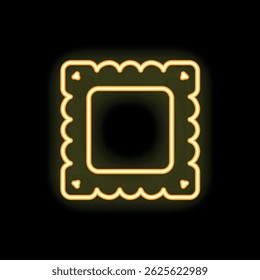 Neon yellow icon of a postage stamp glowing on a black background