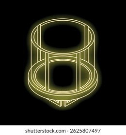 Neon yellow icon of a round empty birdcage glowing on black background
