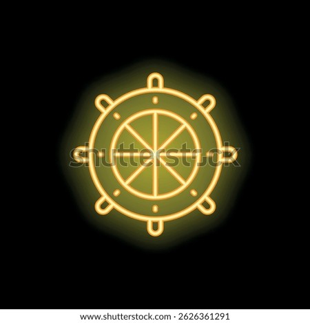 Neon yellow icon of a ship steering wheel glowing on black background