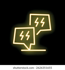 Neon yellow icon of a speech bubble with three lightning bolts inside, indicating a conversation about electricity or a powerful message being communicated