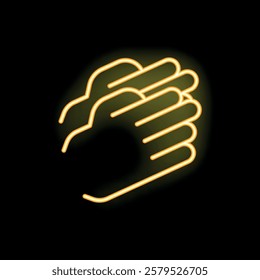 Neon yellow icon of two hands clapping representing applause on black background