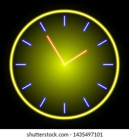 neon yellow illuminated wall clock icon with red arrows on background