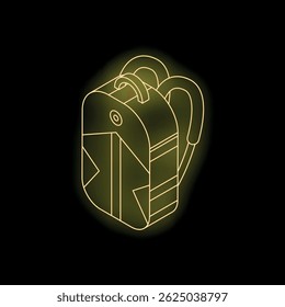 Neon yellow isometric backpack glowing on black background
