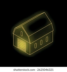 Celeiro amarelo neon isométrico brilhando sobre fundo preto, representando agricultura, agricultura e vida rural