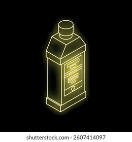 Neon yellow isometric drawing of a bottle shining in the dark