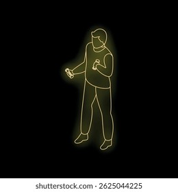 Neon yellow isometric drawing of a man exercising with dumbbells on black background
