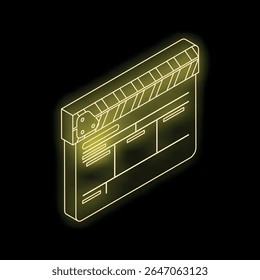 Neon amarelo isométrico filme clapperboard brilhando sobre fundo preto, representando a produção de filme e cinematografia