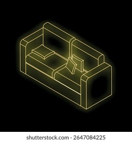 Vista isométrica de color amarillo neón de un cómodo sofá con almohadas, perfecto para proyectos de diseño de interiores o publicidad de muebles