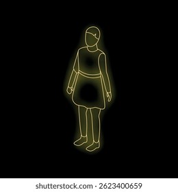 Neon yellow isometric view silhouette of a school girl standing
