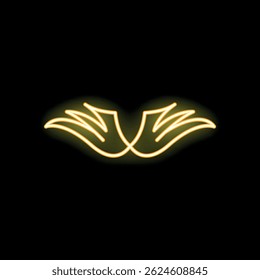 Neon yellow line art of a pair of wings glowing on black background