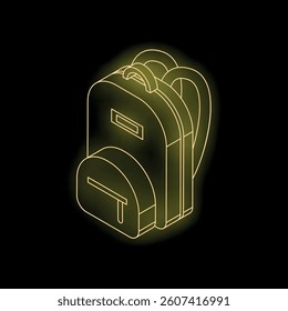 Neon yellow line drawing of a backpack is glowing on a black background