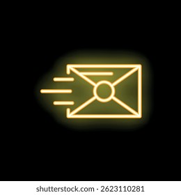 Neon yellow mail envelope icon is flying on black background representing fast delivery