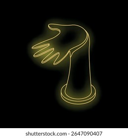 Mão manequim amarelo neon aberto em um pedestal sobre fundo preto, ideal para mostrar joias ou outros produtos
