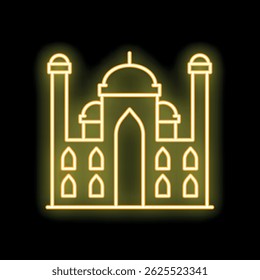 Construção de mesquita amarela neon com um fundo preto, perfeito para conceitos como islã, religião, viagens e muito mais