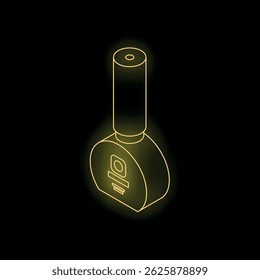 Neon yellow nail polish bottle glowing on black background, beauty and fashion isometric illustration