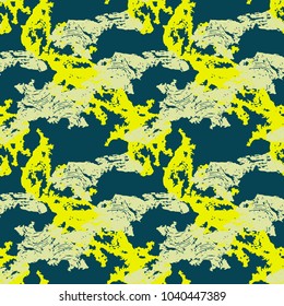 Neon yellow and navy UFO camouflage is a bright seamless pattern that can be used as a camo print for clothing and background and backdrop or computer wallpaper