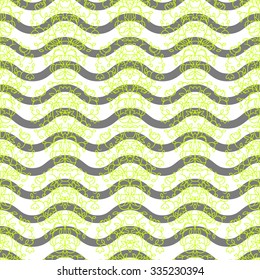 Neon yellow on grey stripes elegant border in damask modern style. Leaf ornament with swirls, fan or feather motifs with dotted row. For border cloth or invitations.