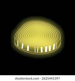 Neon yellow onion slice glowing on black background, representing healthy food, veganism, and culinary arts