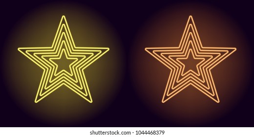 Neon yellow and orange star. Vector illustration of neon star consisting of five outlines, with backlight on the dark background