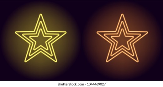 Neon yellow and orange star. Vector illustration of neon star consisting of three outlines, with backlight on the dark background