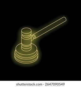 Neon com contorno amarelo do martelo do juiz acertando o bloco de som, representando a lei, a justiça e as decisões judiciais