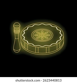 Neon yellow outline of mooncake and pestle symbolizes the mid autumn festival, a traditional harvest festival celebrated in east and southeast asia