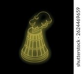 Neon yellow outline of a nuclear power plant cooling tower emitting smoke on a black background