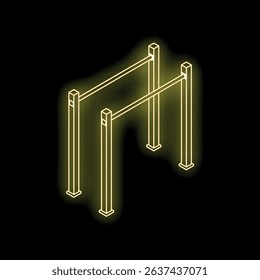 Neon yellow parallel bars glowing on black background, concept of gym and training