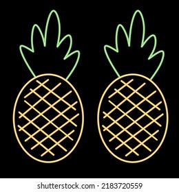 Icono de línea delgada de la silueta de piña amarillo neón para el diseño del logo del restaurante. Ilustración vectorial de una mascota alimenticia aislada en un fondo negro.