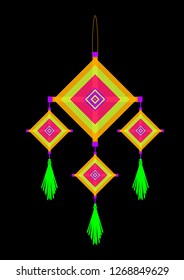 Neon yellow pink orange green violet god's eyes hanging mobile on black background