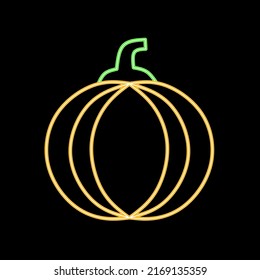 Neon yellow pumpkin silhouette thin line icon for restaurant logo design. Vector illustration of a food mascot isolated on a black background.