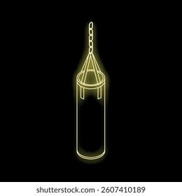 Neon yellow punching bag hanging on a chain over a black background